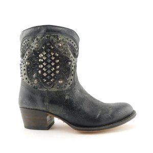 New FRYE Black Pewter Distressed Leather Block Heel Western Booties 6